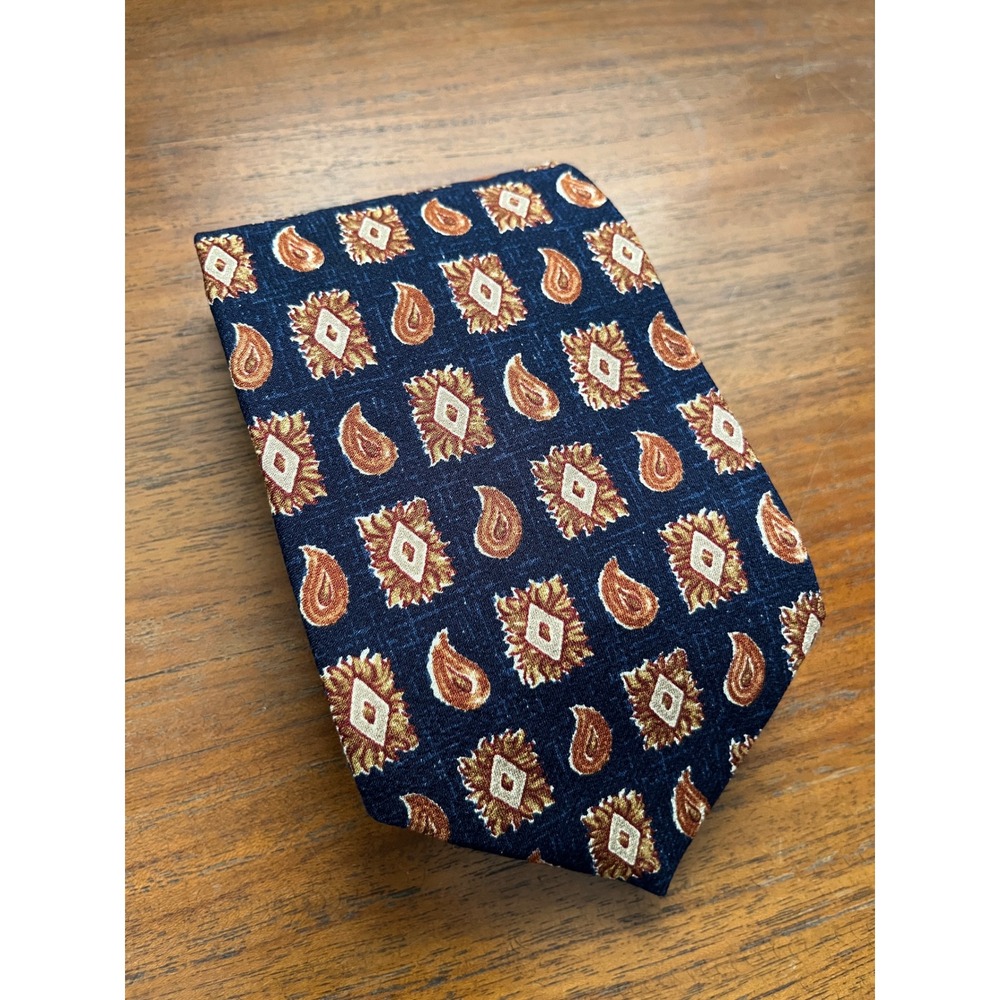 Joseph Abboud Mens Navy Blue Silk Paisley Geometric Medallion Necktie 56x3.75